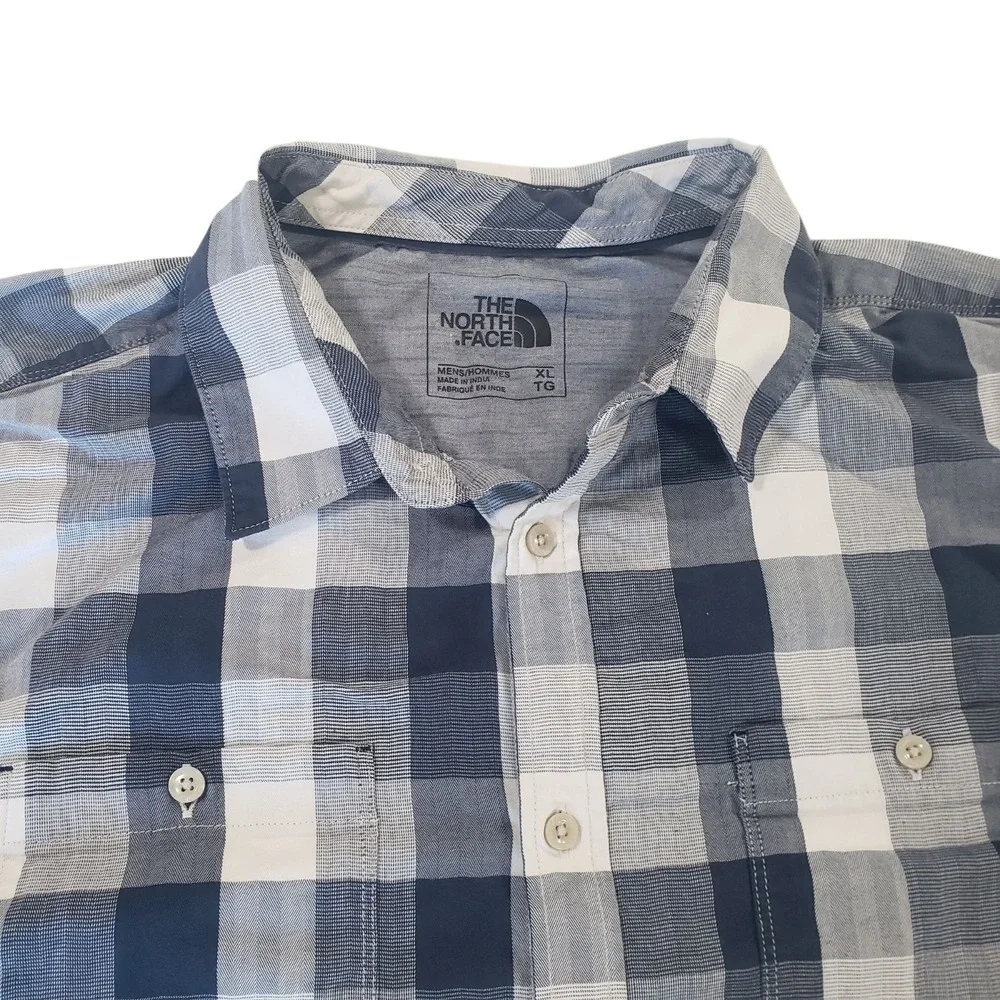 The North Face Button Up Shirt Mens Navy Blue White XL Plaid Chest Pocket Casual